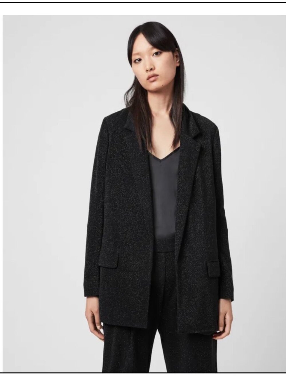 AllSaints Aleida Black Shimmer Knit Blazer Jacket US 8 Open Front Career Party